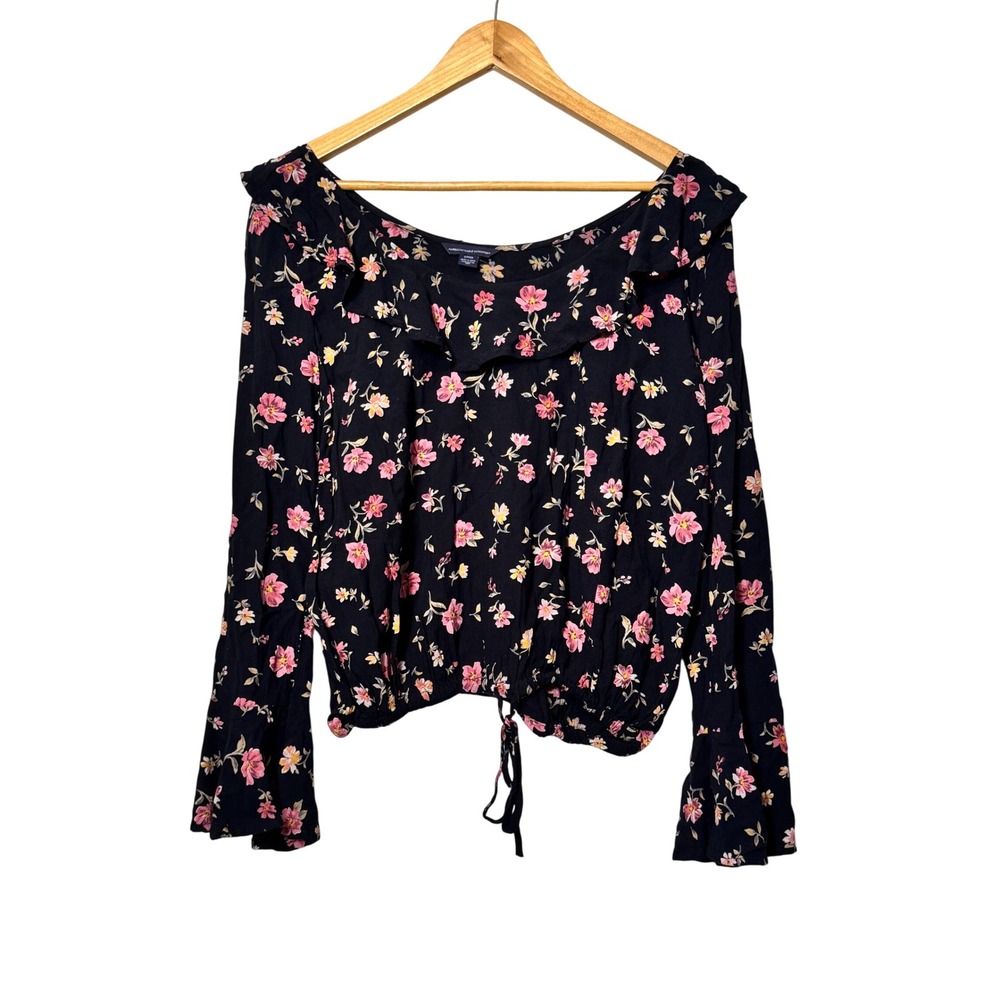 American Eagle Floral Ruffle Neck Cropped Boho Blouse Black Pink Small